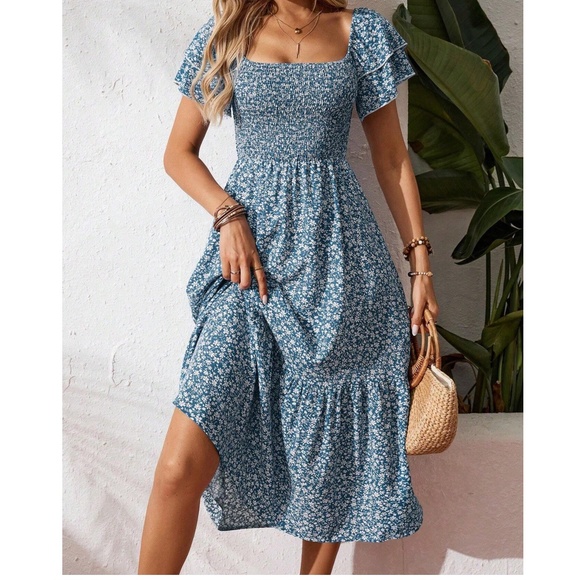 Boho Floral Print Double Ruffle Short Sleeve Smocked Dress - Picture 2 of 8